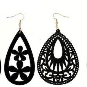 Lot 2 Pair Boho Big Black Wooden Carved Flower Dangle Earrings NEW